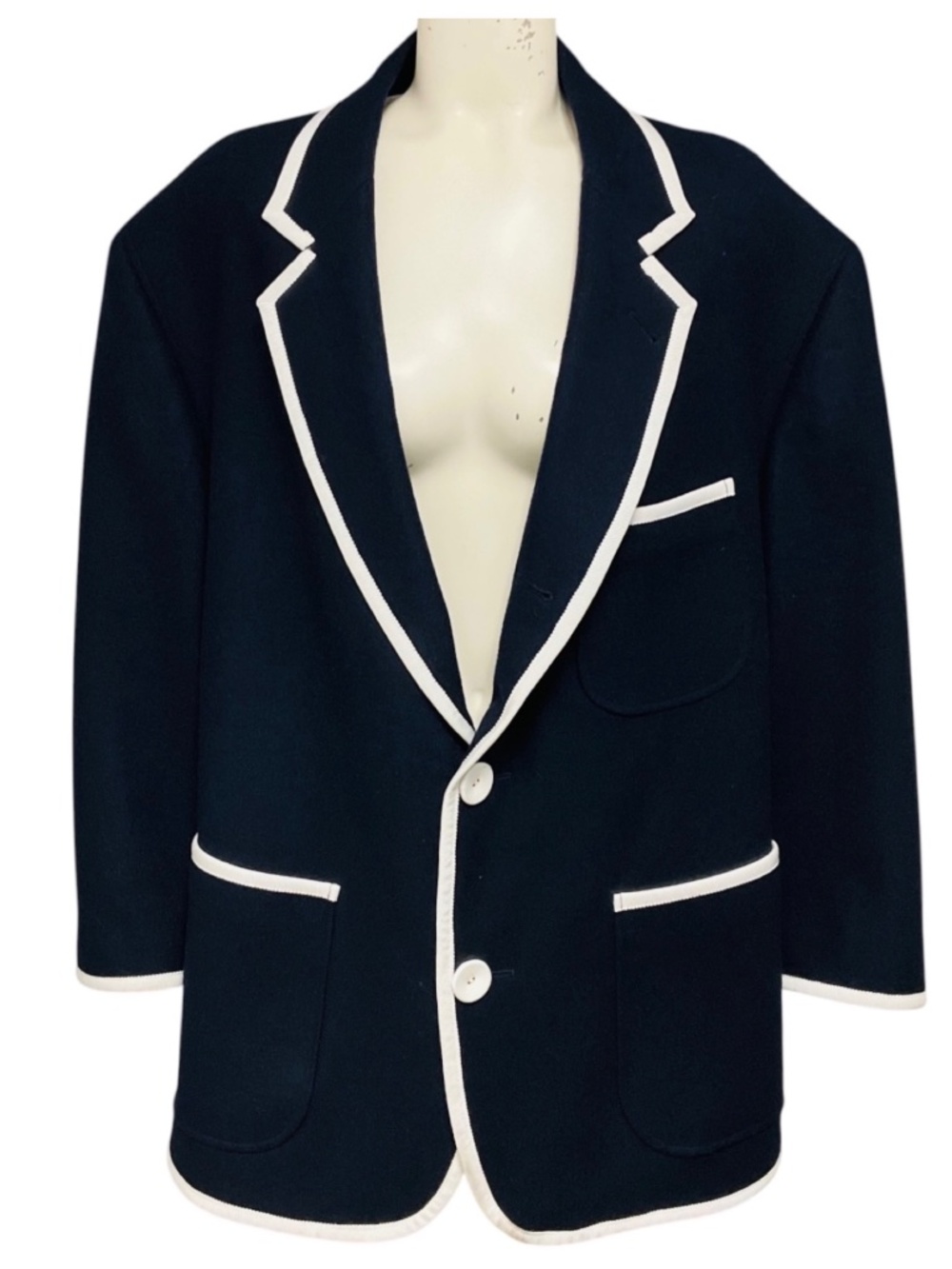THOM BROWNE NAVY BLUE / WHITE NAUTICAL OVERSIZED WOOL JACKET